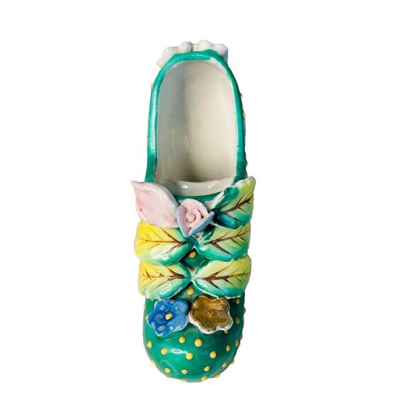 Vintage Hand Painted Shoe High Heel Polka Dots 3D Flowers Leaf Green 4" Japan - Picture 2 of 11